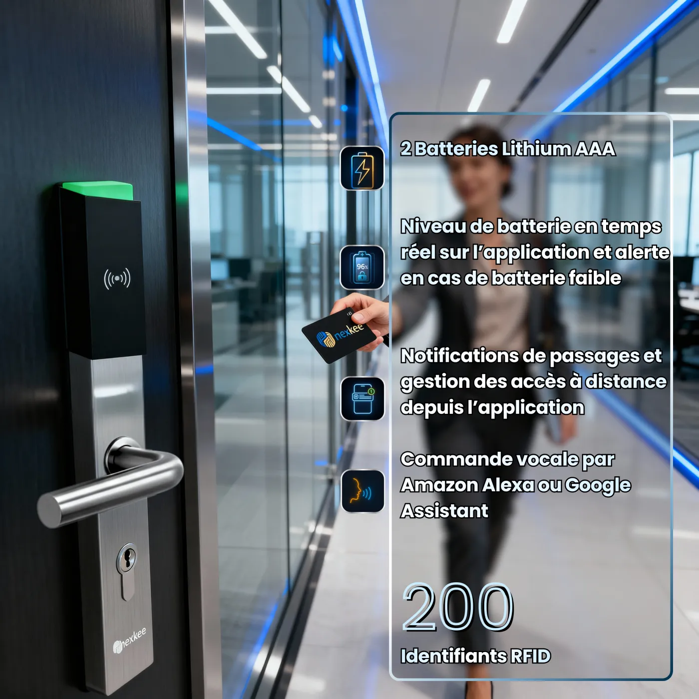 OneKee Pass — fonctionnalités clés : 3 batteries AAA indépendantes, niveau batterie en temps réel, notifications de passages, commande vocale, 200 identifiants RFID