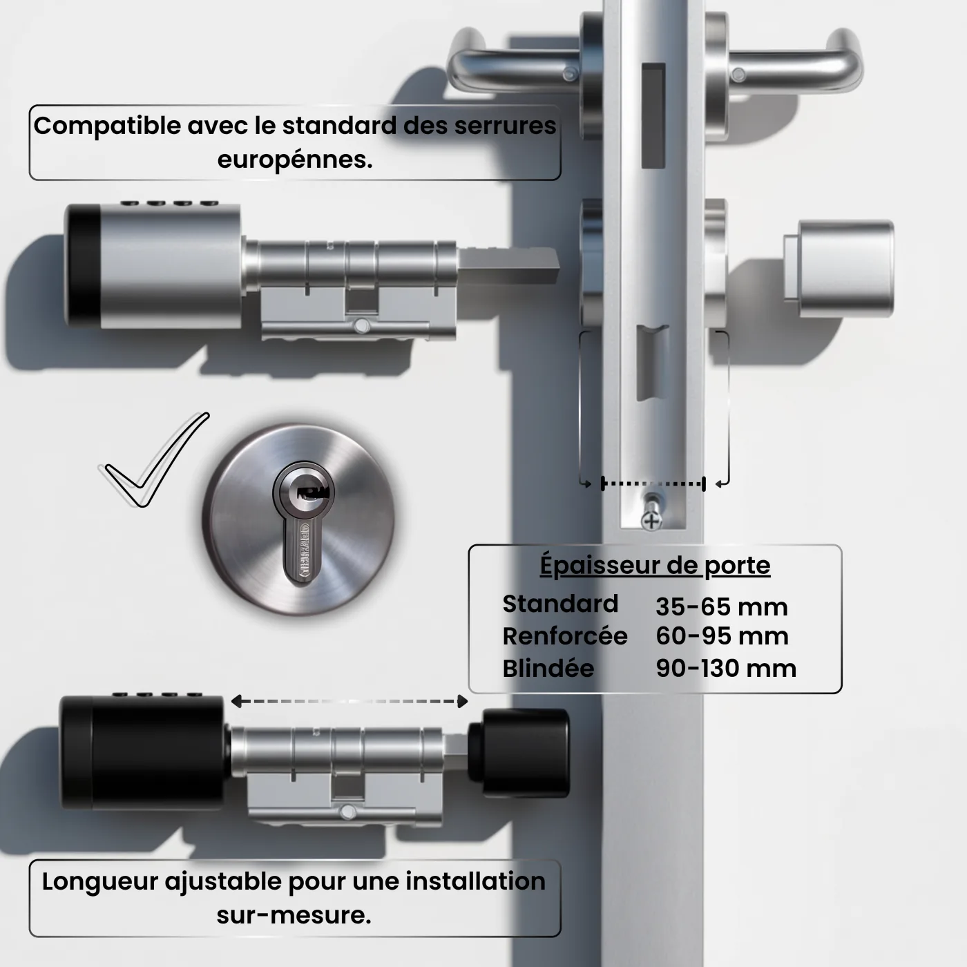 OneKee Silver — cylindre rotatif au standard européen, longueur ajustable pour s'adapter à toute épaisseur de porte : standard 35-65 mm, renforcée 60-95 mm, blindée 90-130 mm